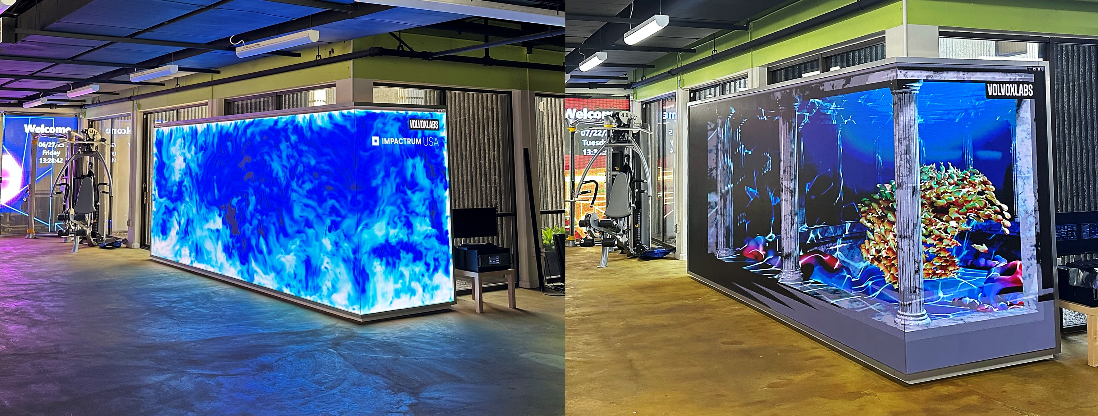 3D anamorphic LED display showing dynamic 3D visuals and bluish tone movement.