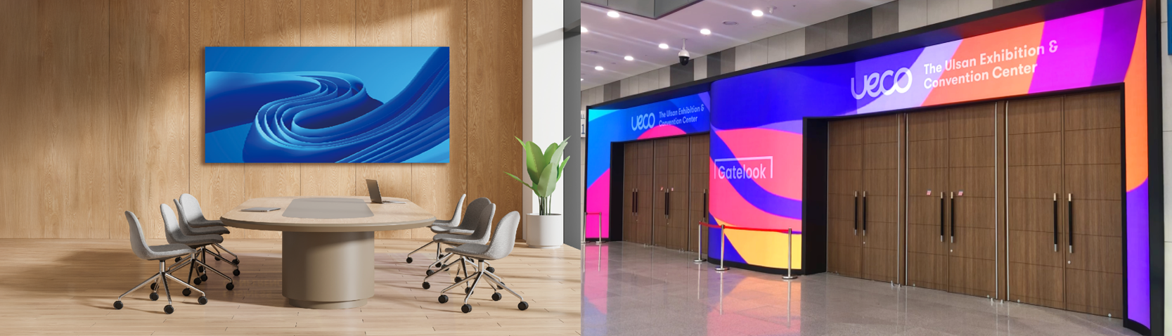 Indoor LED display in a modern conference room showing abstract blue wave visuals, and large LED signage at a convention center entrance displaying colorful event information