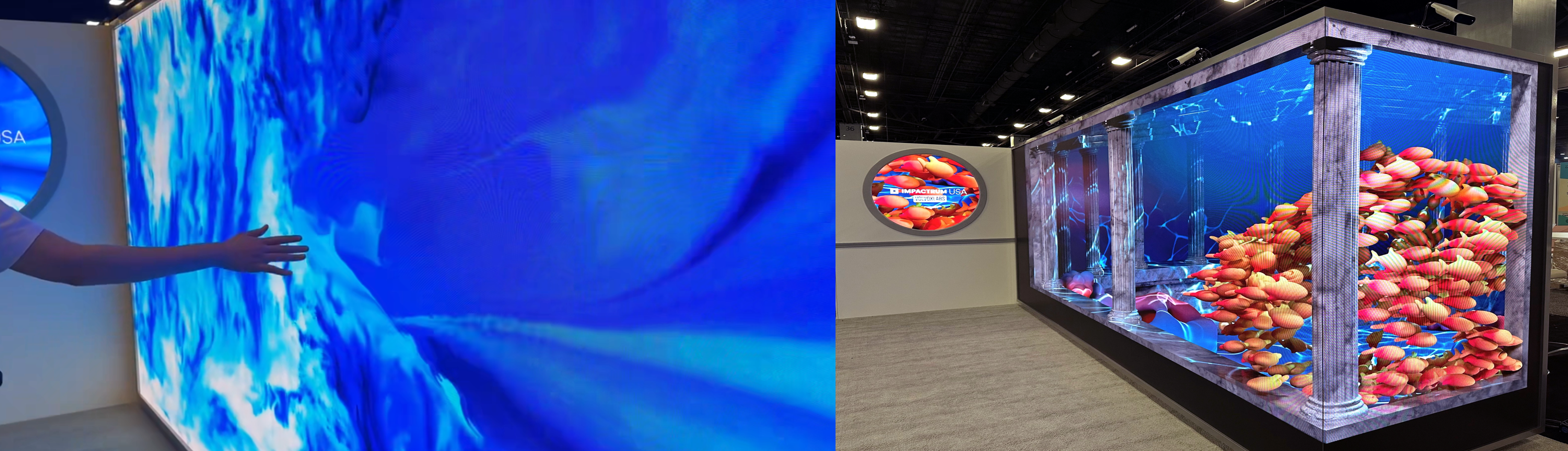Interactive LED display showcasing ocean visuals on the left and a 3D LED screen with vibrant fish on the right, demonstrating high-resolution content and immersive display technology.
