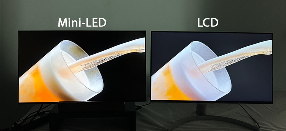 Comparison between Mini LED and LCD displays showing a beer glass image, highlighting Mini LED's deeper blacks and brighter highlights