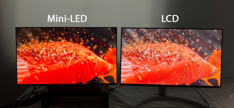 Visual comparison of Mini LED and LCD screens using a grilled salmon image to demonstrate Mini LED's vivid color and detail clarity