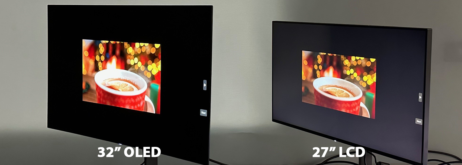 Angled view of OLED and LCD monitors displaying identical content, highlighting OLED's high contrast and accurate colors even from side angles