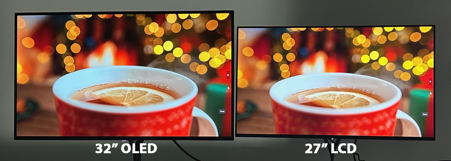 Comparison of 32-inch OLED and 27-inch LCD monitors showing a vivid tea cup image, highlighting OLED's superior brightness and color clarity