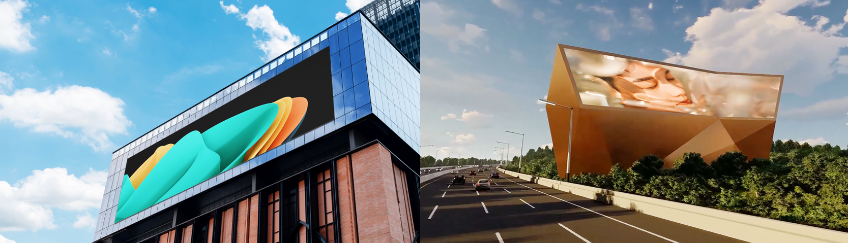 Outdoor LED displays on building facades, featuring abstract digital visuals on a city skyscraper and a large roadside screen showing vivid content on a geometric structure.