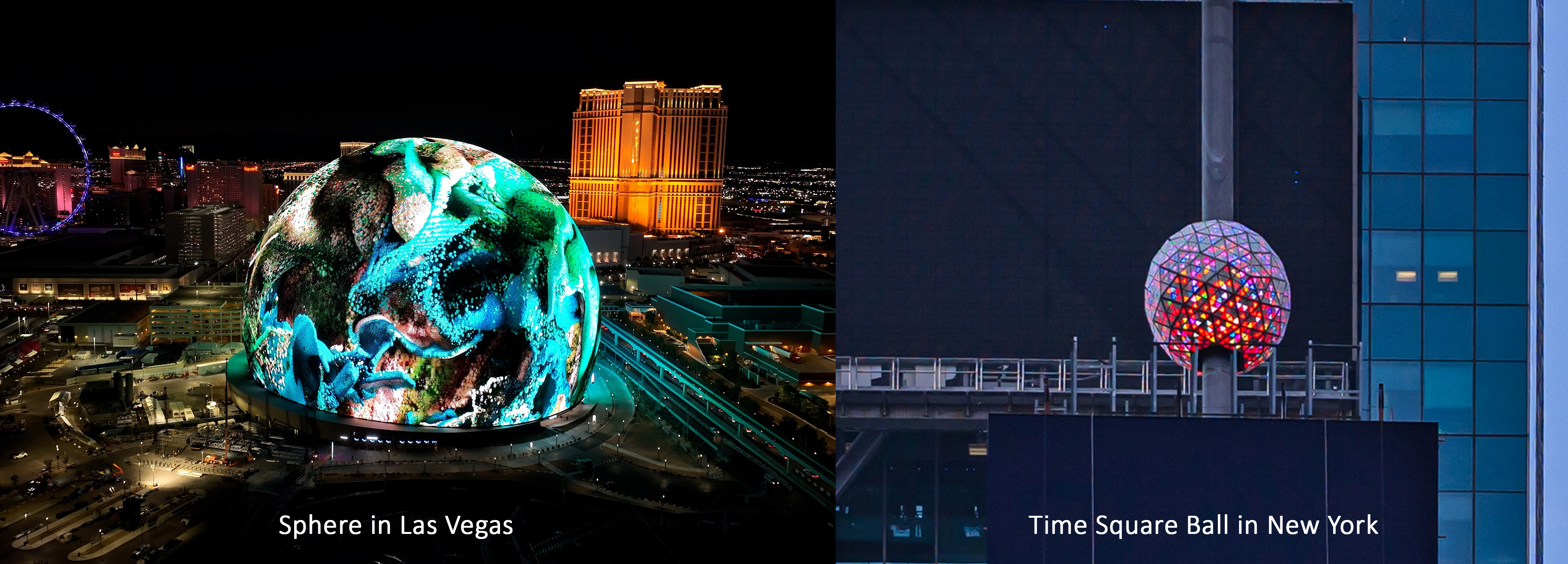 Sphere LED display in Las Vegas and Times Square Ball in New York