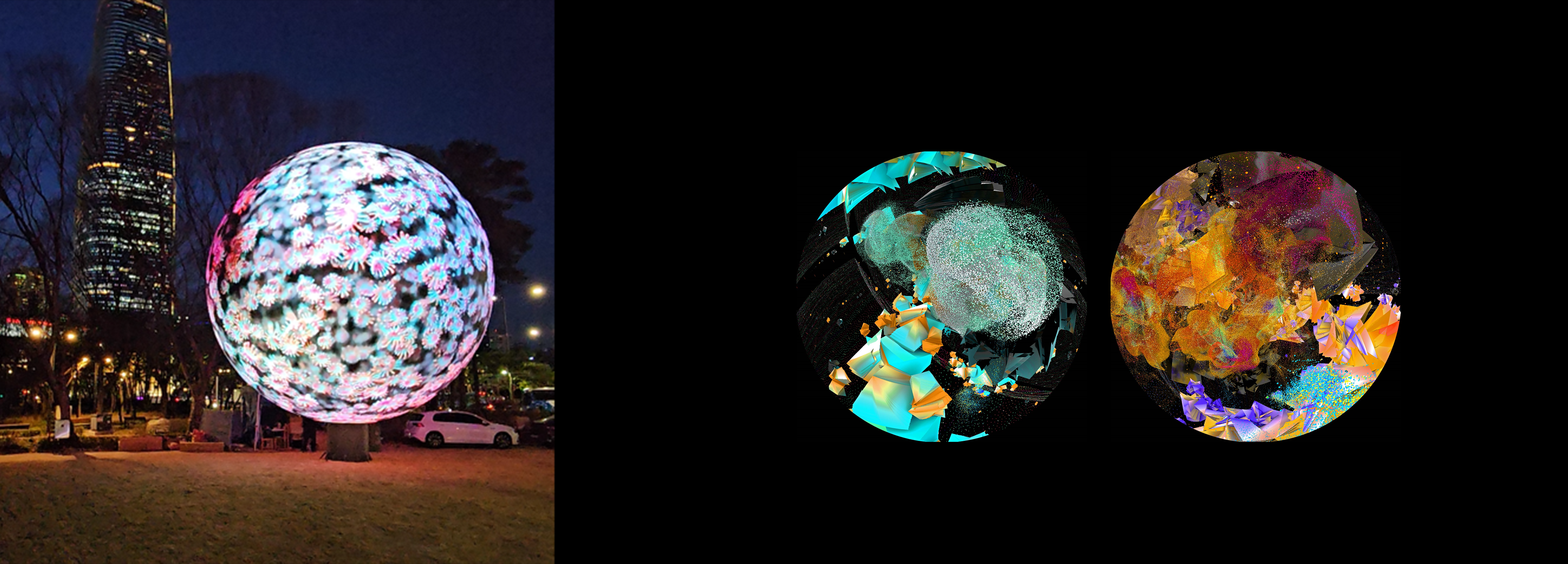 LED sphere displaying immersive abstract digital content in outdoor public space