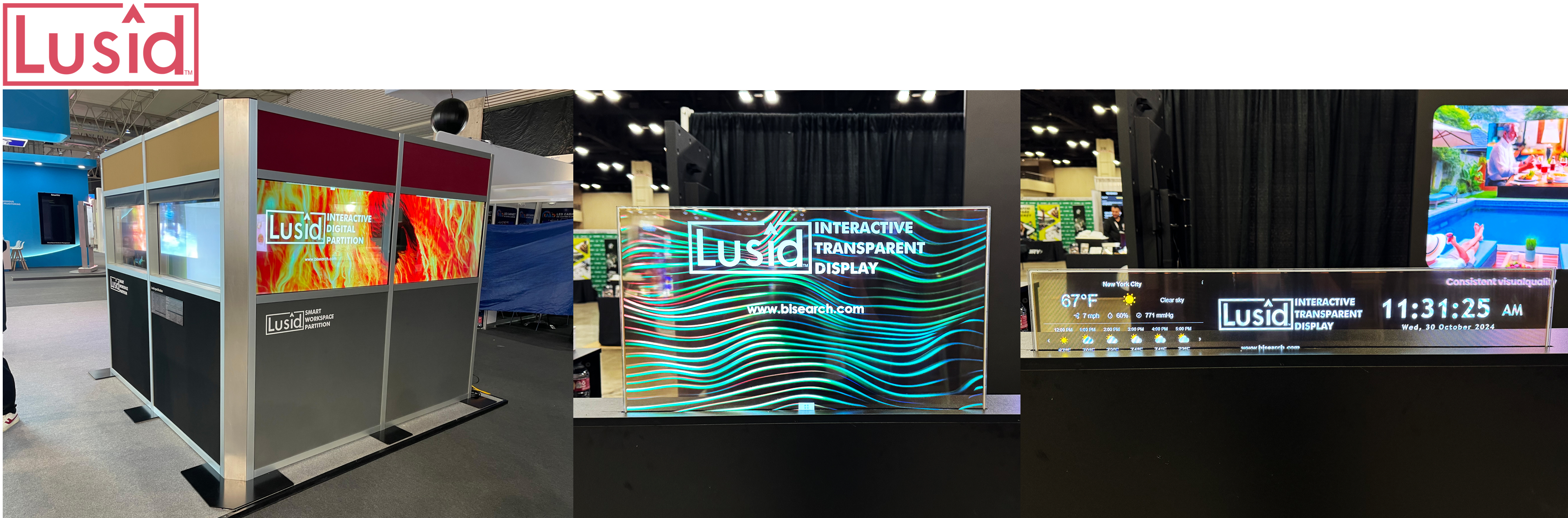 Transparent OLED displayed at a show, mounted in a partition and on a table.