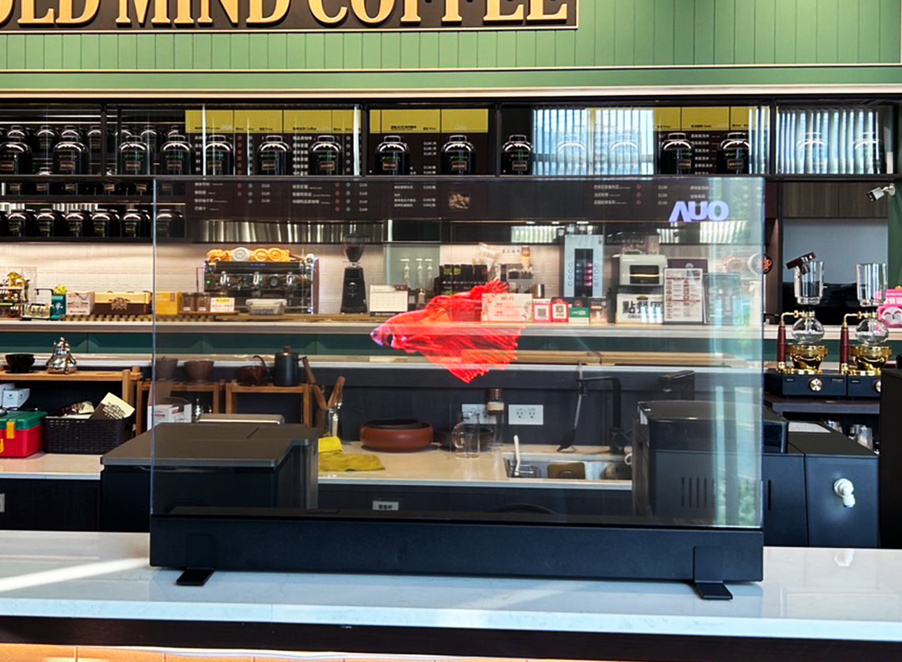 Transparent Micro LED display on the table at a cafe